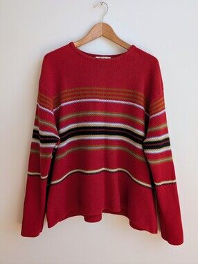 Vintage Eddie Bauer XL 100% Cotton Waffle Knit Red Striped Sweater Made In USA